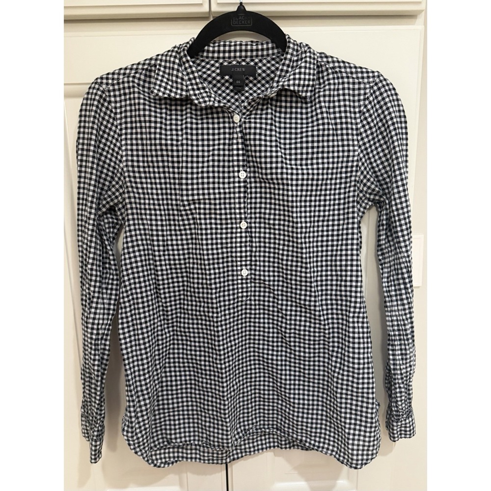 J.Crew Black White Gingham Plaid Pullover Button Front Blouse Top Women's 00 XS